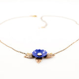 Antique Style Indigo Blue Enamel Flower Necklace with Brass Leaves