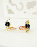 Square vintage style brass clip on earrings with blue stone