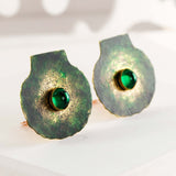Scallop shell earrings | Big clip on studs with green stone