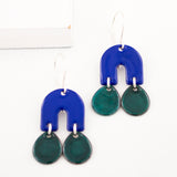 Indigo blue and dark green arch drop earrings