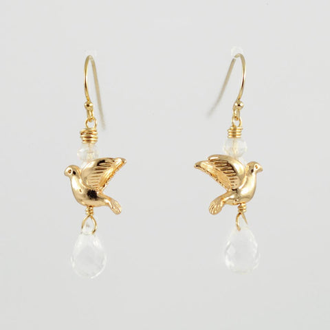 Gold bird earrings | Rock crystal earrings | Gold earrings