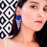 Vintage style beaded confetti earrings | Blue white statement clip-ons