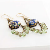 Blue green chandelier earrings with antique filigree