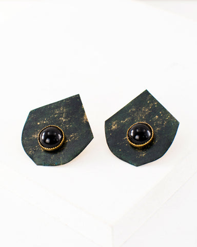 Fan stud earrings with green patina and black stone, Handmade by Exquistry