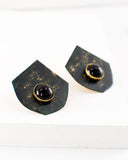 Fan shaped green black stud earrings with black stone