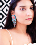 Pink coral & turquoise beaded statement clip on earrings