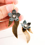 Forest green enamel flower earrings | Brass leaves dangles