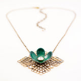 Vintage style green flower brass filigree pendant necklace