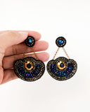 Great Gatsby inspired blue and gold statement beaded earrings