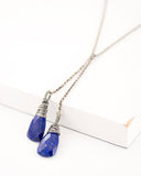 Blue lapis lazuli lariat necklace with silver chain and wire work