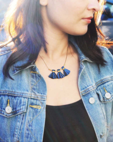 Tassel necklace | Blue black dainty gold brass necklace