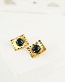 Square vintage style brass clip on earrings with blue stone