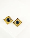 Square vintage style brass clip on earrings with blue stone