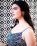 Square vintage style brass clip on earrings with blue stone