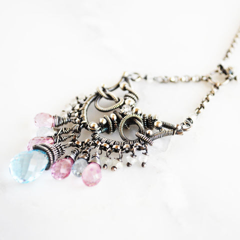 Pink and blue topaz, silver statement necklace