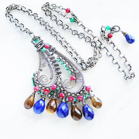Blue lapis lazuli, earthy quartz, multi color statement necklace