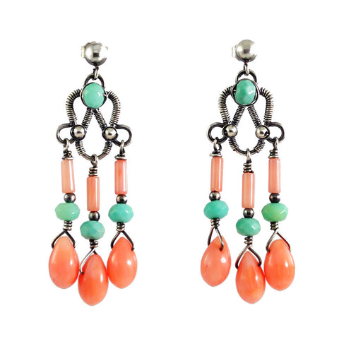 Silver, peach coral and turquoise dangle earrings - amisha rathod - 1