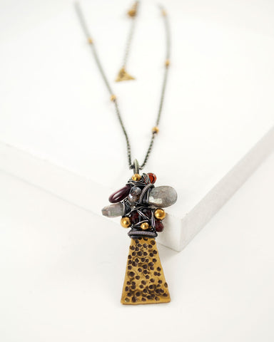 Brass silver mixed metal necklace with gemstones