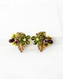 Vintage style hand beaded green flower clip on earrings