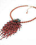 Vintage style green & terracotta flower beaded statement necklace