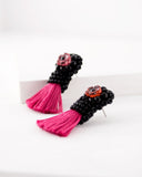 Pink black beaded tassel earrings | flower stud earrings