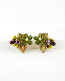 Vintage style hand beaded green flower clip on earrings
