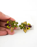 Vintage style hand beaded green flower clip on earrings