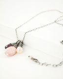 Silver cluster necklace with garnet and mystic pink Peruvian opal