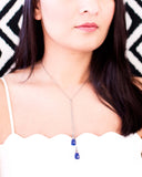 Blue lapis lazuli lariat necklace with silver chain and wire work