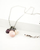 Silver cluster necklace with garnet and mystic pink Peruvian opal