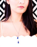Blue lapis lazuli lariat necklace with silver chain and wire work