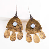 Mixed metal hammered earrings with light blue stone
