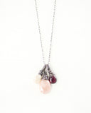 Silver cluster necklace with garnet and mystic pink Peruvian opal