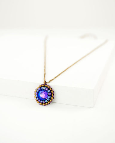 Dainty hand beaded necklace with purple swarovki crystals and antique brass metal
