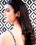 Pink black beaded tassel earrings | flower stud earrings