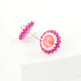 Small peach coral stud earrings with pink beads