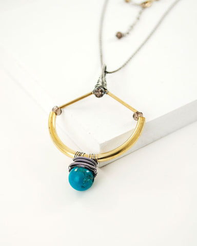 Turquoise mixed metal necklace with brass and silver