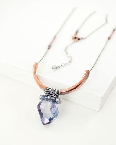 Purple quartz mixed metal necklace with copper and silver