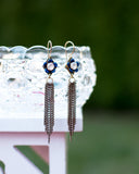 Gold tassel earrings with hand painted blue flower