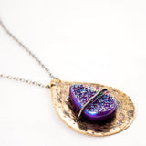Long purple druzy pendant necklace | Silver brass mixed metal