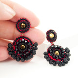 Black red gold statement beaded earrings with swarovski