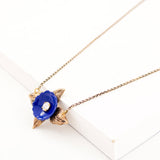 Antique Style Indigo Blue Enamel Flower Necklace with Brass Leaves