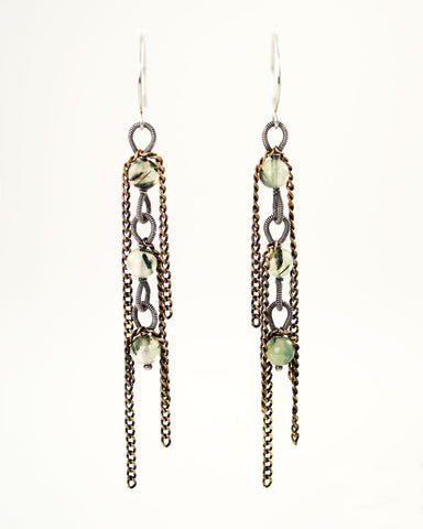 Silver and brass long dangle earrings with green Prehnite