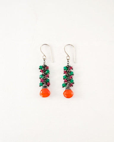 Carnelian, ruby, emerald green onyx earrings | Silver earrings