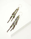 Silver and brass long dangle earrings with green Prehnite