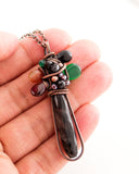 Black quartz pendant necklace with copper wire wrapping
