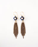 Gold tassel earrings with hand painted blue flower