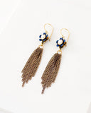 Gold tassel earrings with hand painted blue flower