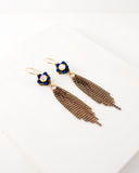 Gold tassel earrings with hand painted blue flower