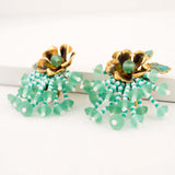 Mint sea green & white beaded flower clip on earrings